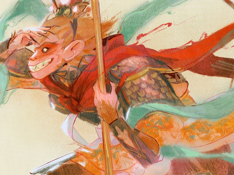 Animated character in vibrant armor with a mischievous grin, holding a staff.