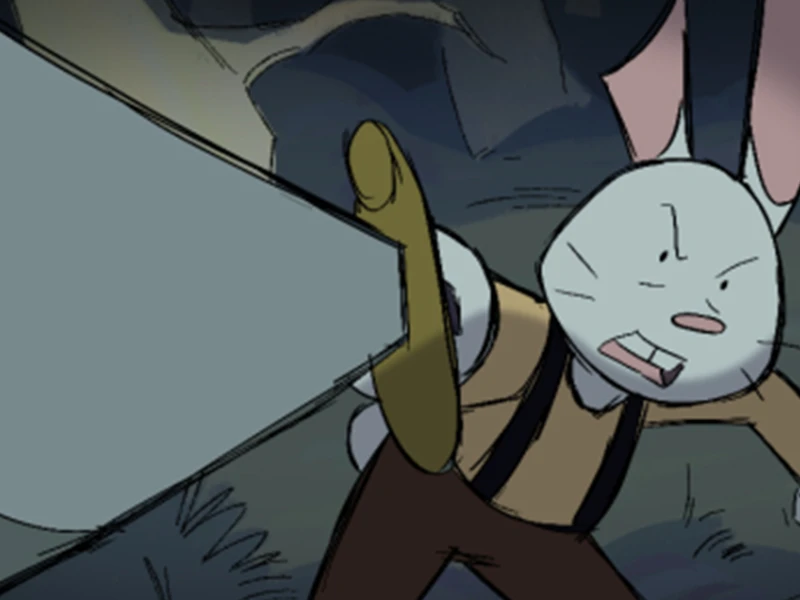 Animated rabbit holding a cleaver in a dark forest.