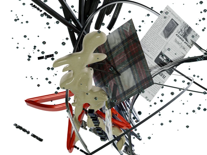 An abstract digital collage with tangled wires, a beige blob, plaid fabric, and newspaper.