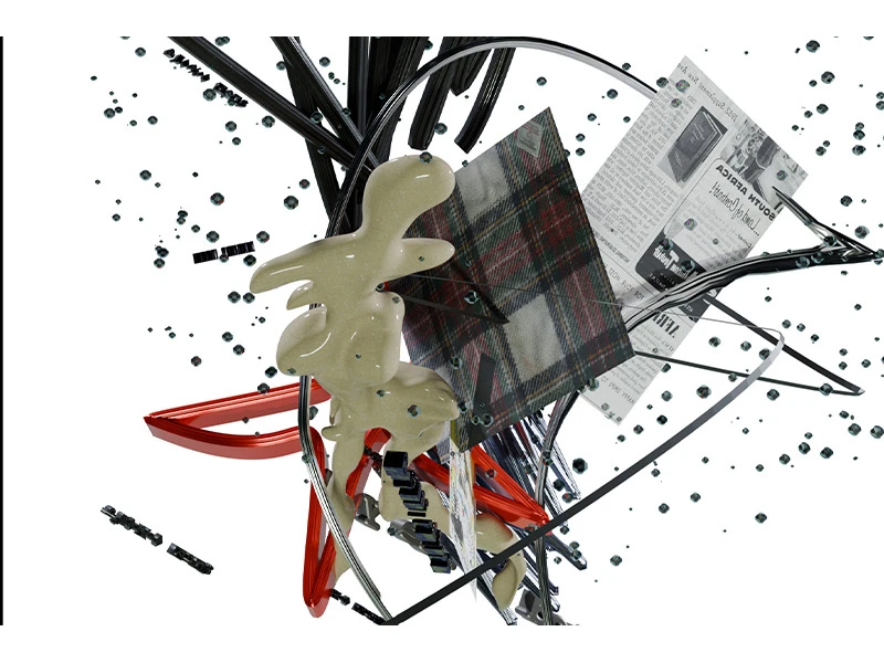 An abstract digital collage with tangled wires, a beige blob, plaid fabric, and newspaper.