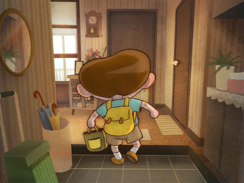 Cartoon child with a backpack walking down a hallway towards a door.