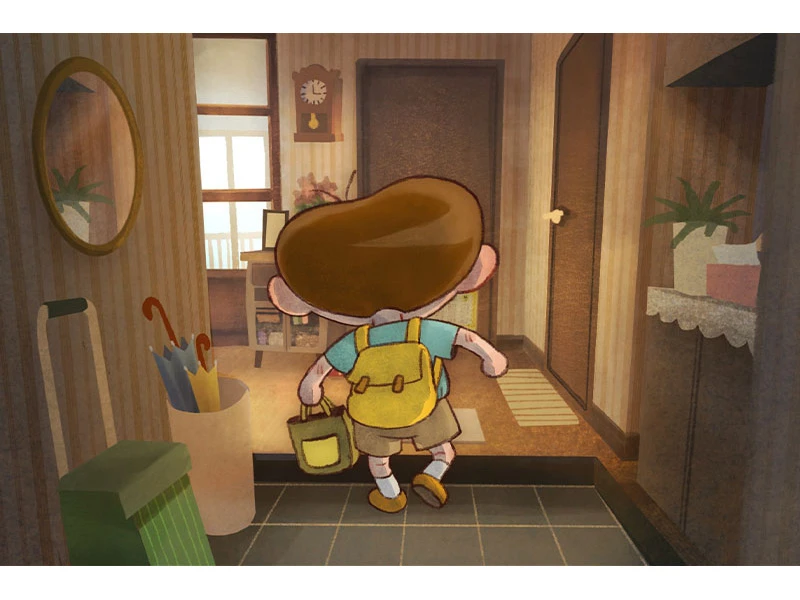 Cartoon child with a backpack walking down a hallway towards a door.