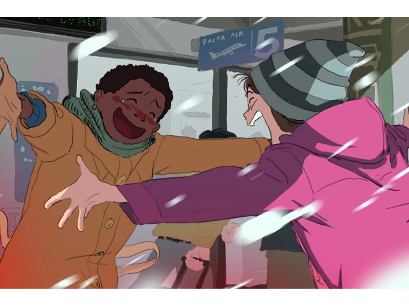 Two smiling people embrace at an airport in a snowy setting.