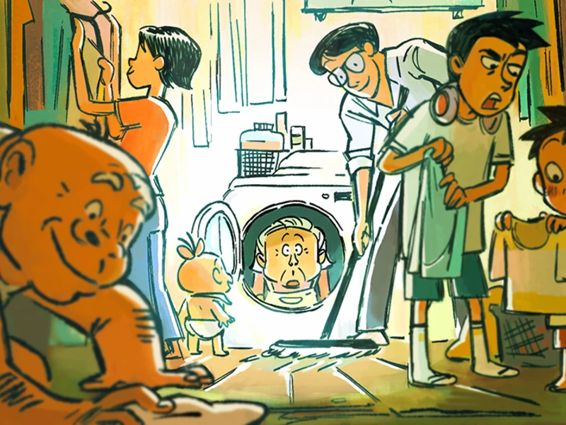 A colorful illustration of a busy household in a laundry room, with people cleaning and handling clothes.