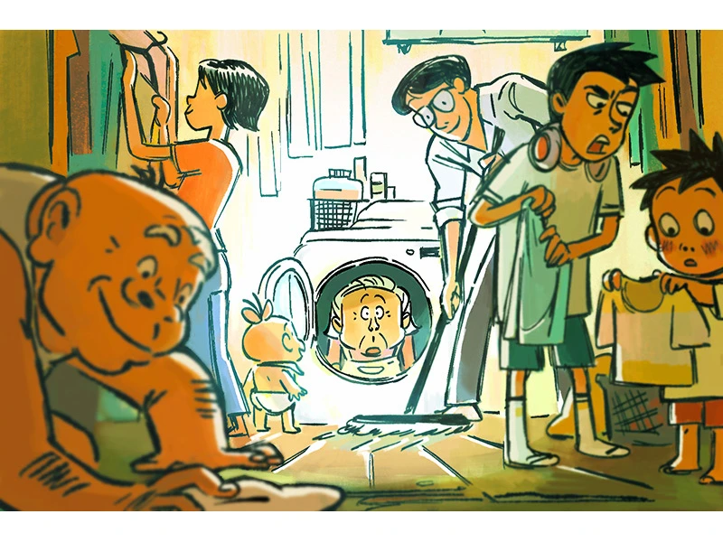 A colorful illustration of a busy household in a laundry room, with people cleaning and handling clothes.