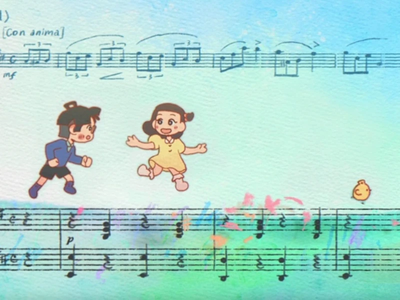 Two animated children playing with sheet music overlay on a pastel watercolor background.