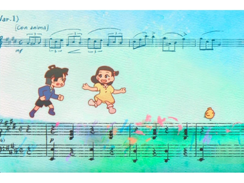 Two animated children playing with sheet music overlay on a pastel watercolor background.