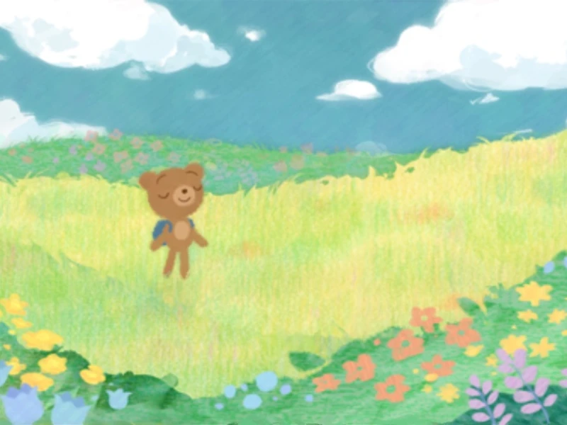 Animated brown bear with a backpack in a colorful, flower-filled field under a blue sky with clouds.