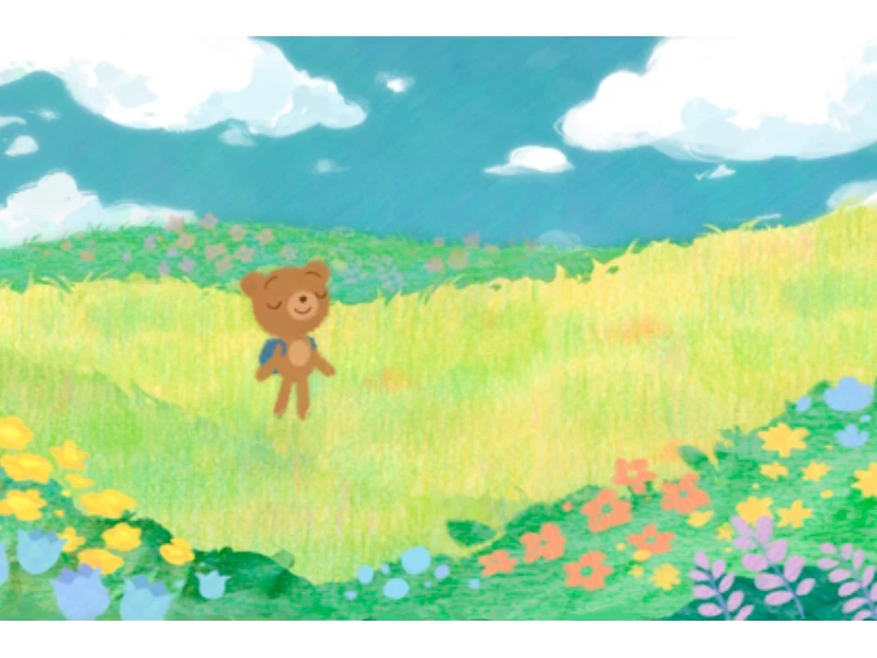 Animated brown bear with a backpack in a colorful, flower-filled field under a blue sky with clouds.
