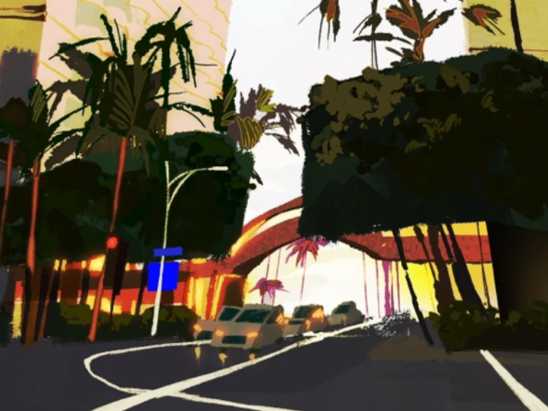 An urban street scene with cars, palm trees, and tall buildings in a digital painting style.