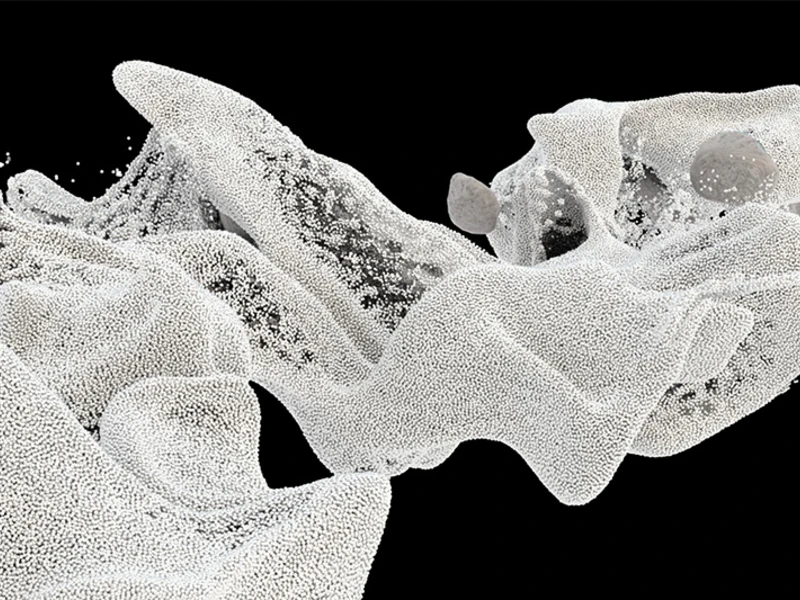 Abstract image of wave-like white particle formations with gray pebbles against a black background.