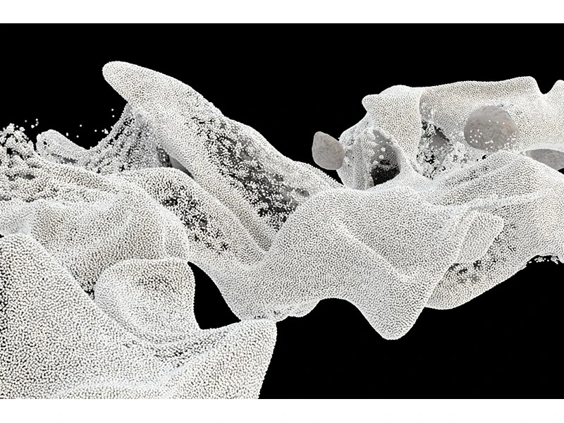 Abstract image of wave-like white particle formations with gray pebbles against a black background.