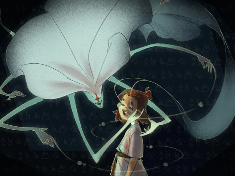 A girl and a ghostly creature with cryptic symbols in the background.