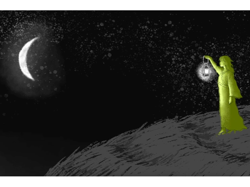 A figure in a green robe holds a lantern on a dark starry night with a crescent moon.