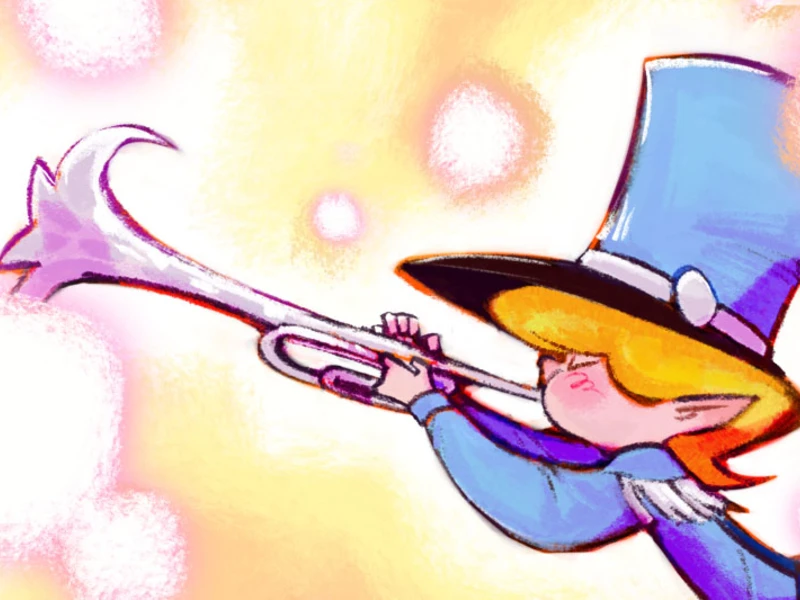 Cartoon character with a blue hat playing a trumpet against a pastel background.