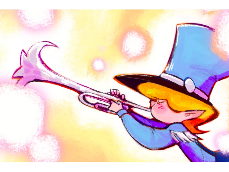 Cartoon character with a blue hat playing a trumpet against a pastel background.