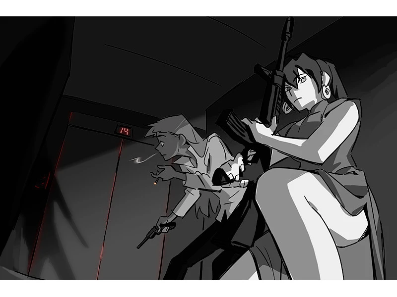 Two characters with weapons crouch tensely in a dimly lit elevator shaft.