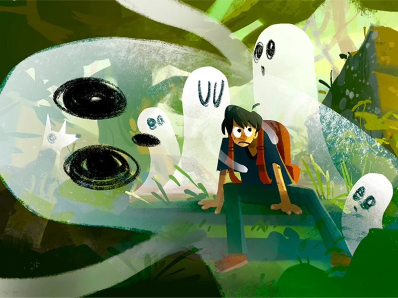 A person in a forest surrounded by semi-transparent ghost figures.