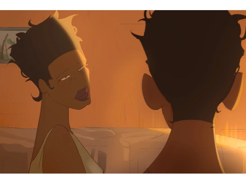 "Two animated characters in a warm, dimly lit room with an amber glow."