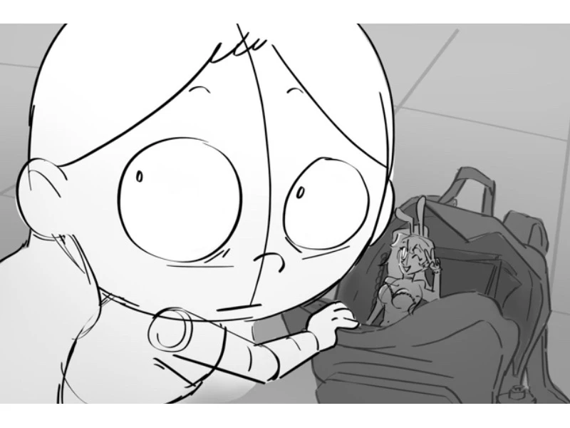 A cartoon character looks surprised while reaching toward a backpack containing a small figure.