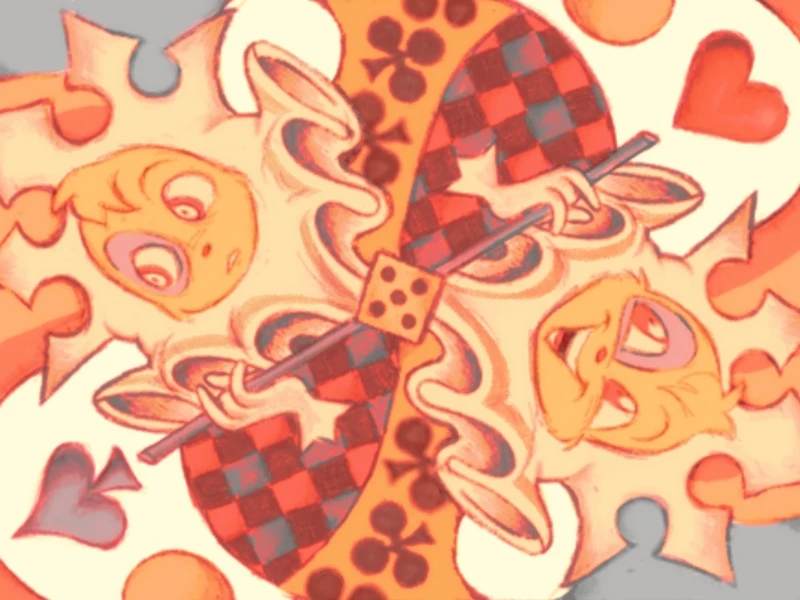 Two mirrored, sun-like anthropomorphic figures with checkered red and blue patterns, holding a pool cue with a dice at the center.