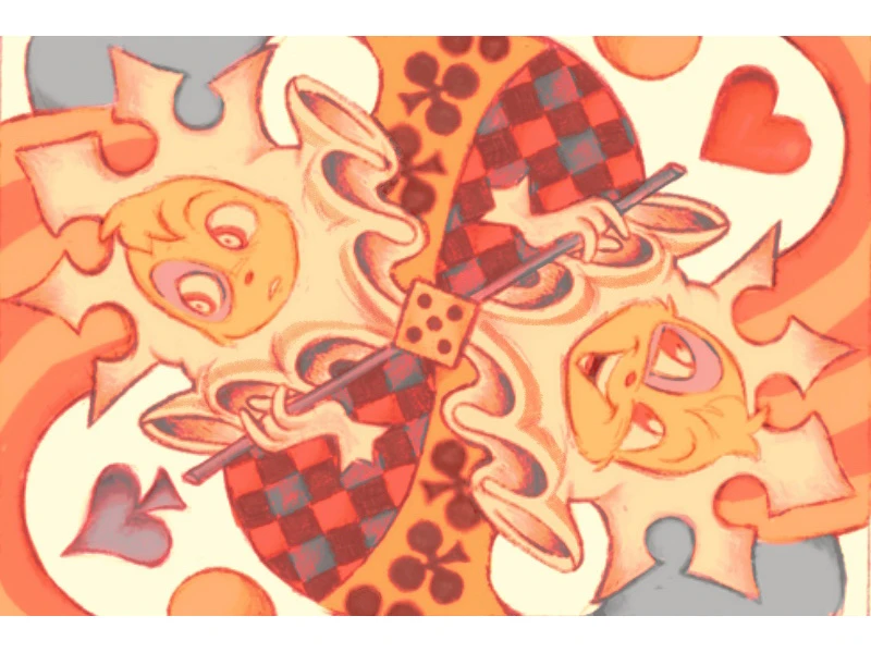 Two mirrored, sun-like anthropomorphic figures with checkered red and blue patterns, holding a pool cue with a dice at the center.