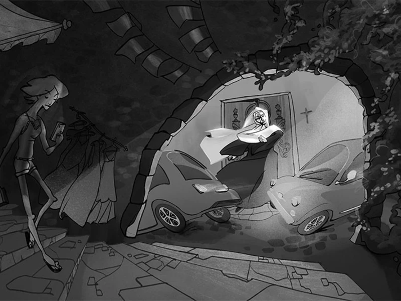 Illustration of a nun jumping between two cars under an arched cobblestone pathway, with a person walking by while looking at a smartphone.