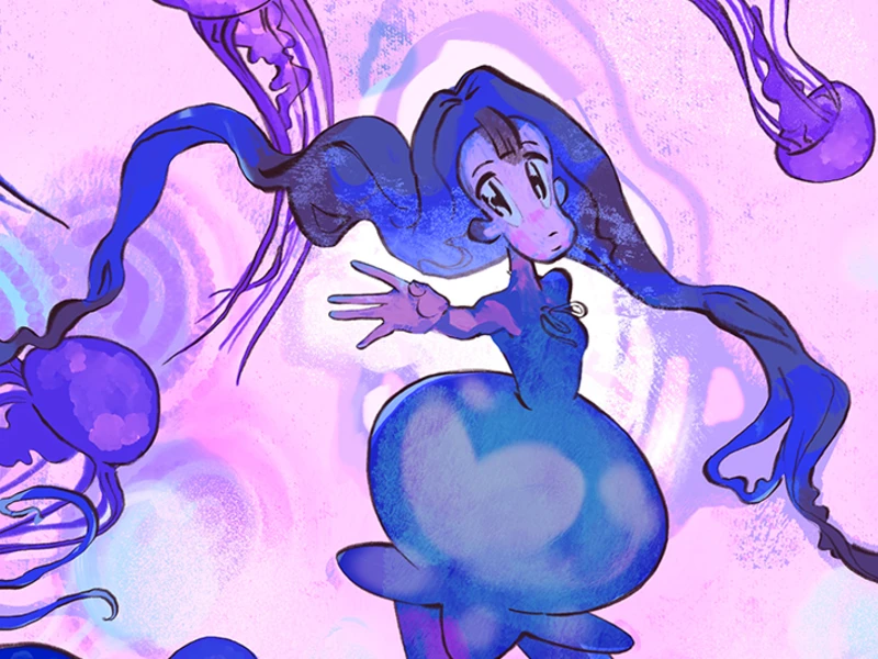 An artistic illustration of a blue humanoid sea creature surrounded by purple jellyfish on a pink background.