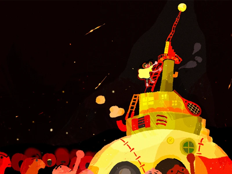 A vivid, dome-shaped structure with patchwork designs and a red tower against a dark background, surrounded by abstract figures.