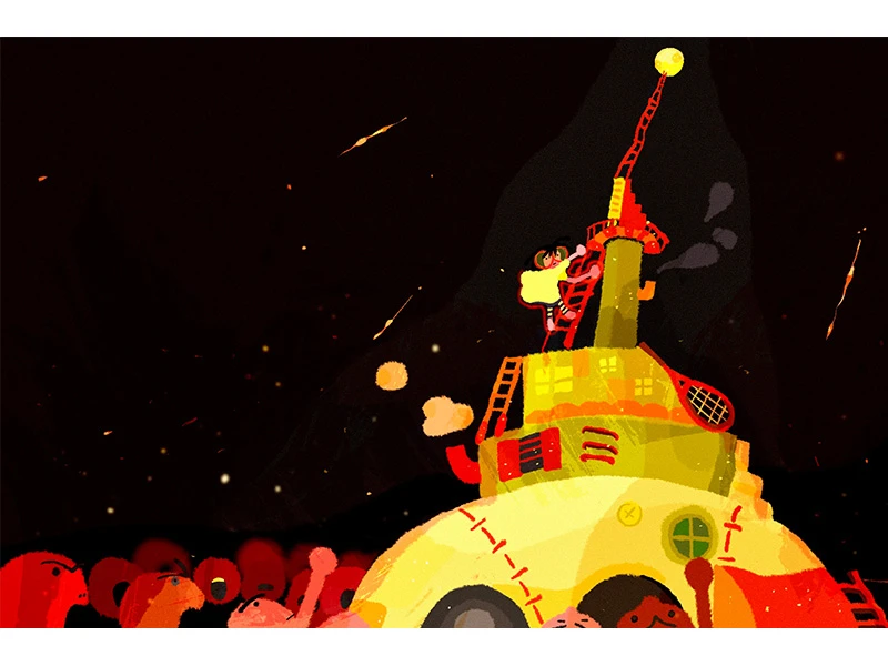 A vivid, dome-shaped structure with patchwork designs and a red tower against a dark background, surrounded by abstract figures.