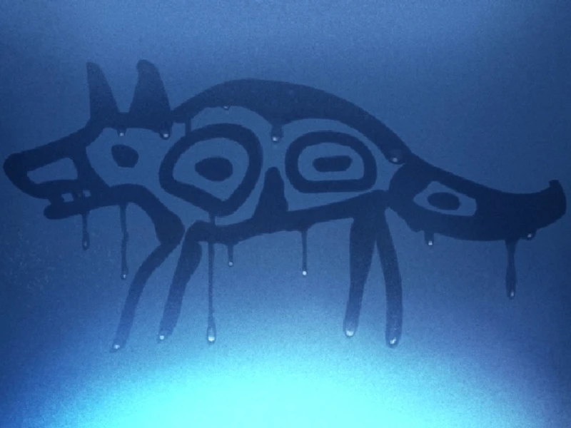 Silhouette of an abstract coyote-like figure with geometric patterns on a blue background.