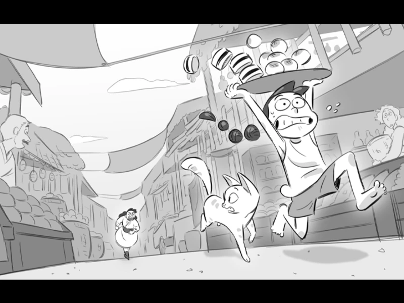 A comical scene in a market with a person running, balancing a tray of objects, and a surprised cat leaping beside.