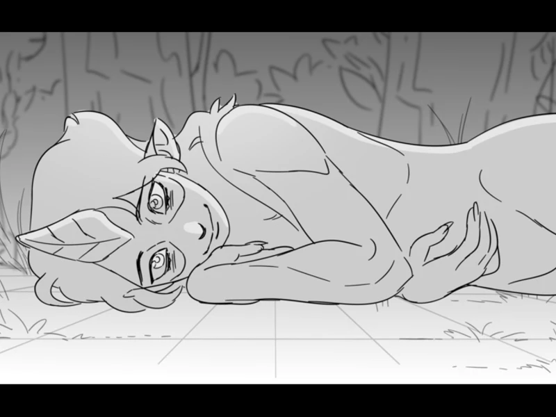 A monochrome illustration of a person with a unicorn horn lying on their side outdoors.