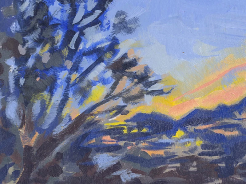 A landscape painting of a colorful sunset with a tree on the left, set against a blue, yellow, and orange sky with silhouetted hills.