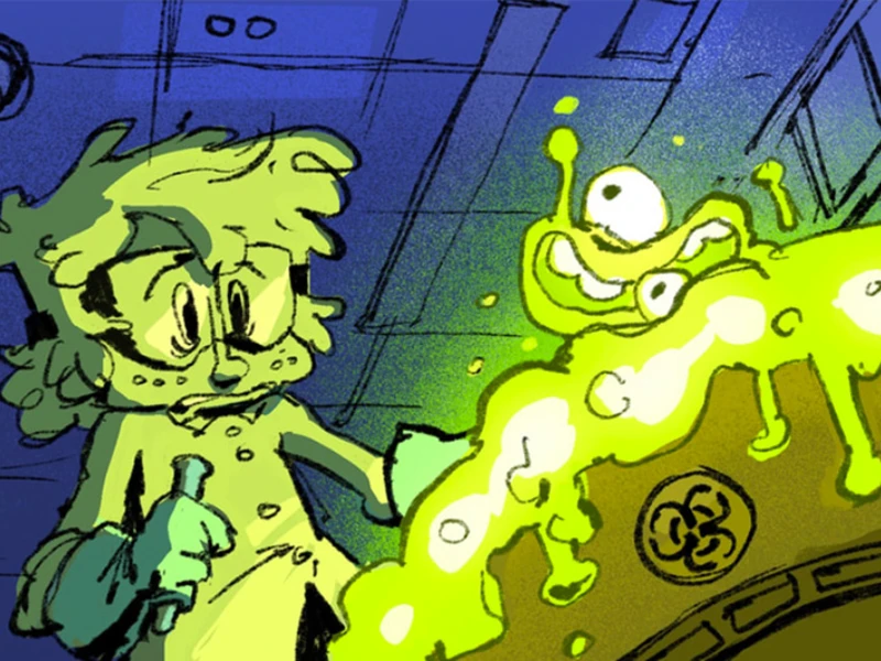 A cartoon scientist in a lab coat looks at a glowing green blob with a face on a lab table.