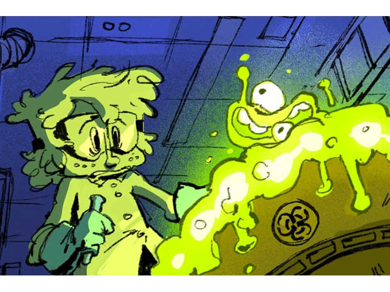 A cartoon scientist in a lab coat looks at a glowing green blob with a face on a lab table.
