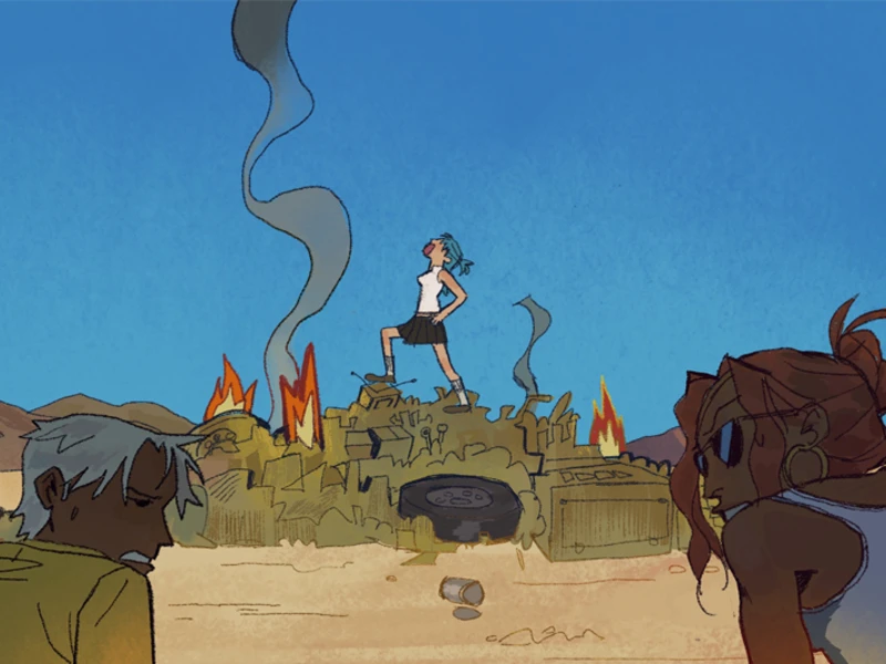 A cartoon illustration of a person standing on burning rubble in a desert, with two others observing.