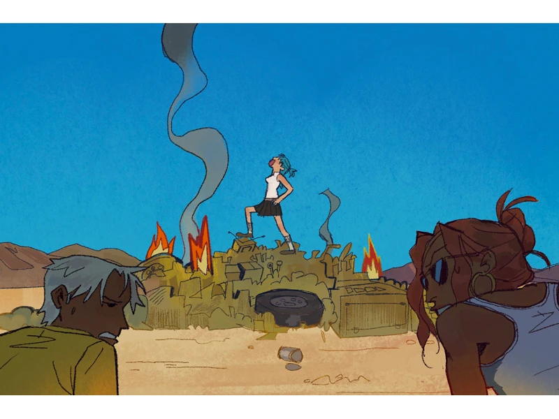 A cartoon illustration of a person standing on burning rubble in a desert, with two others observing.