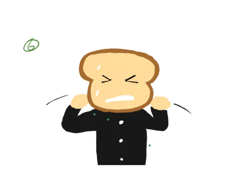 Cartoon character with a bread head, looking stressed, dressed in a black outfit.