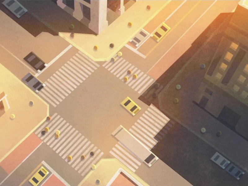 Overhead illustration of a city intersection with buildings, crosswalks, and cars.