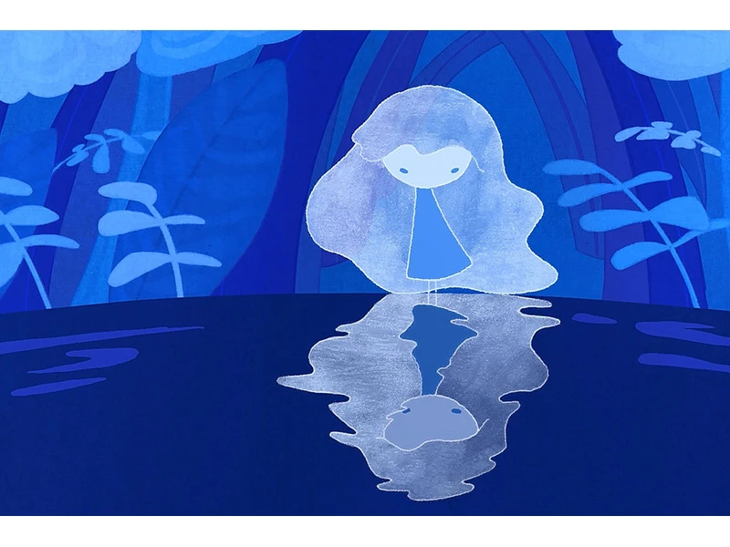Illustrated blue-toned scene with a figure and its reflection in water.