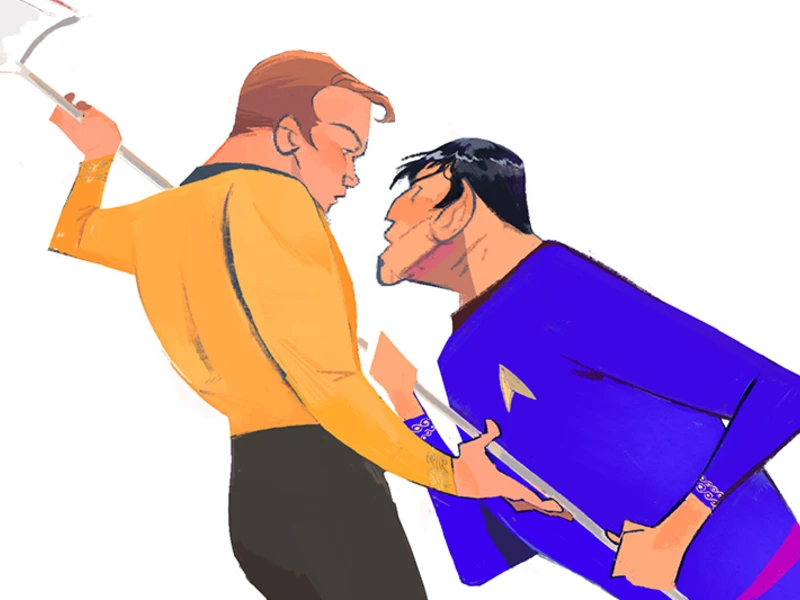 Two animated characters in a confrontational pose, one in yellow and the other in blue.