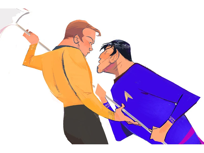 Two animated characters in a confrontational pose, one in yellow and the other in blue.