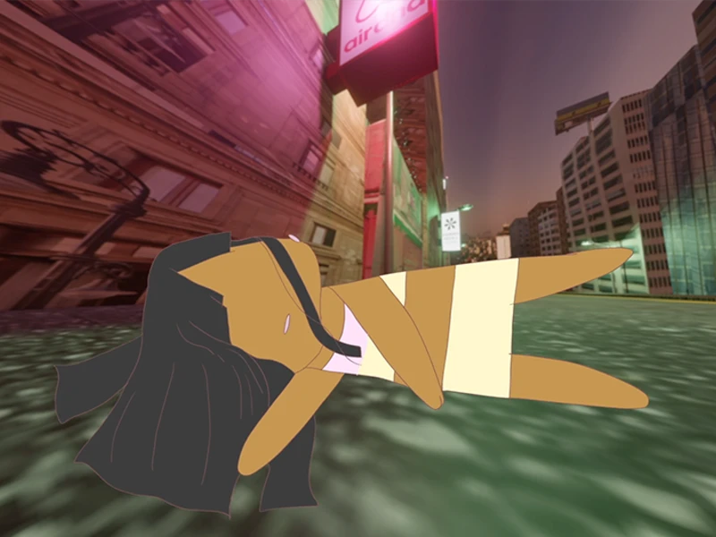 A cartoon figure lies on a reflective street in a distorted, illuminated cityscape at dusk.