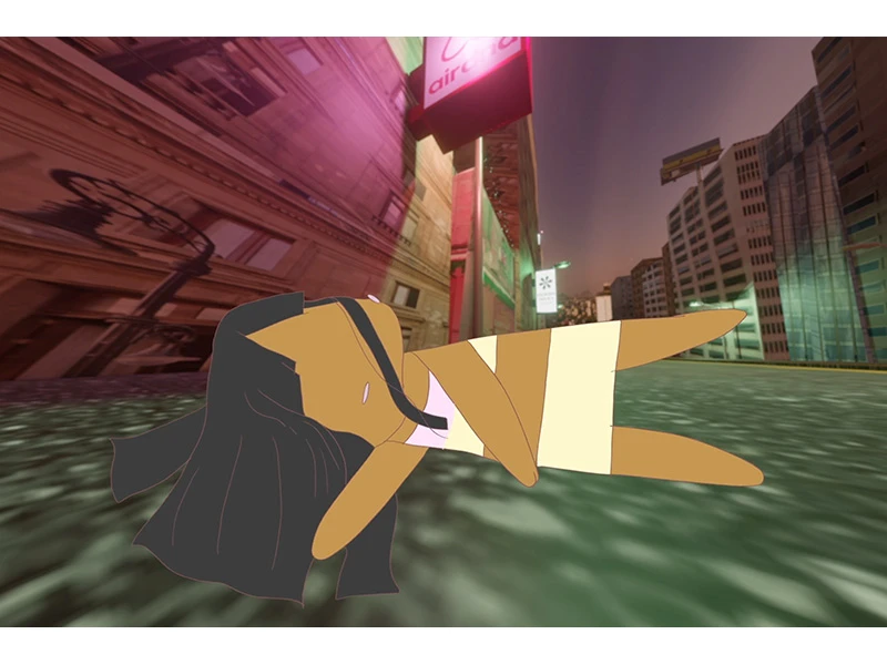 A cartoon figure lies on a reflective street in a distorted, illuminated cityscape at dusk.