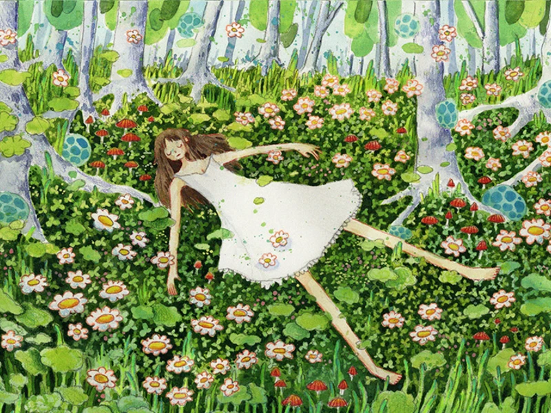 A young woman in a white dress lies peacefully in a lush, colorful forest surrounded by flowers and mushrooms.
