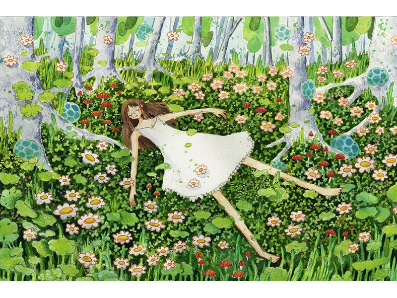 A young woman in a white dress lies peacefully in a lush, colorful forest surrounded by flowers and mushrooms.