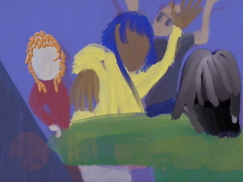 Abstract painting of five half-visible figures in various colors against a blue background.