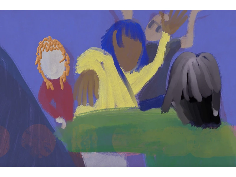 Abstract painting of five half-visible figures in various colors against a blue background.