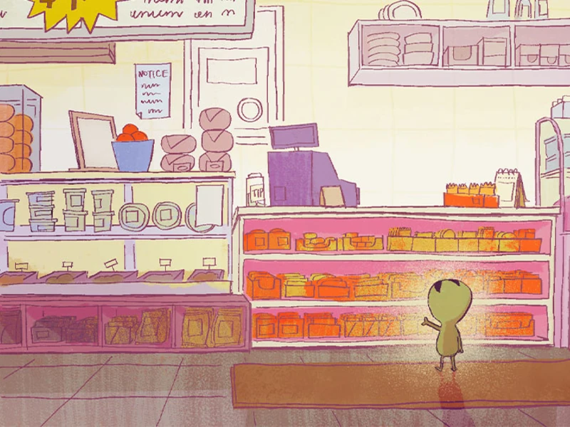 A small green figure stands in a grocery store, looking at shelves filled with brightly colored packaged goods.